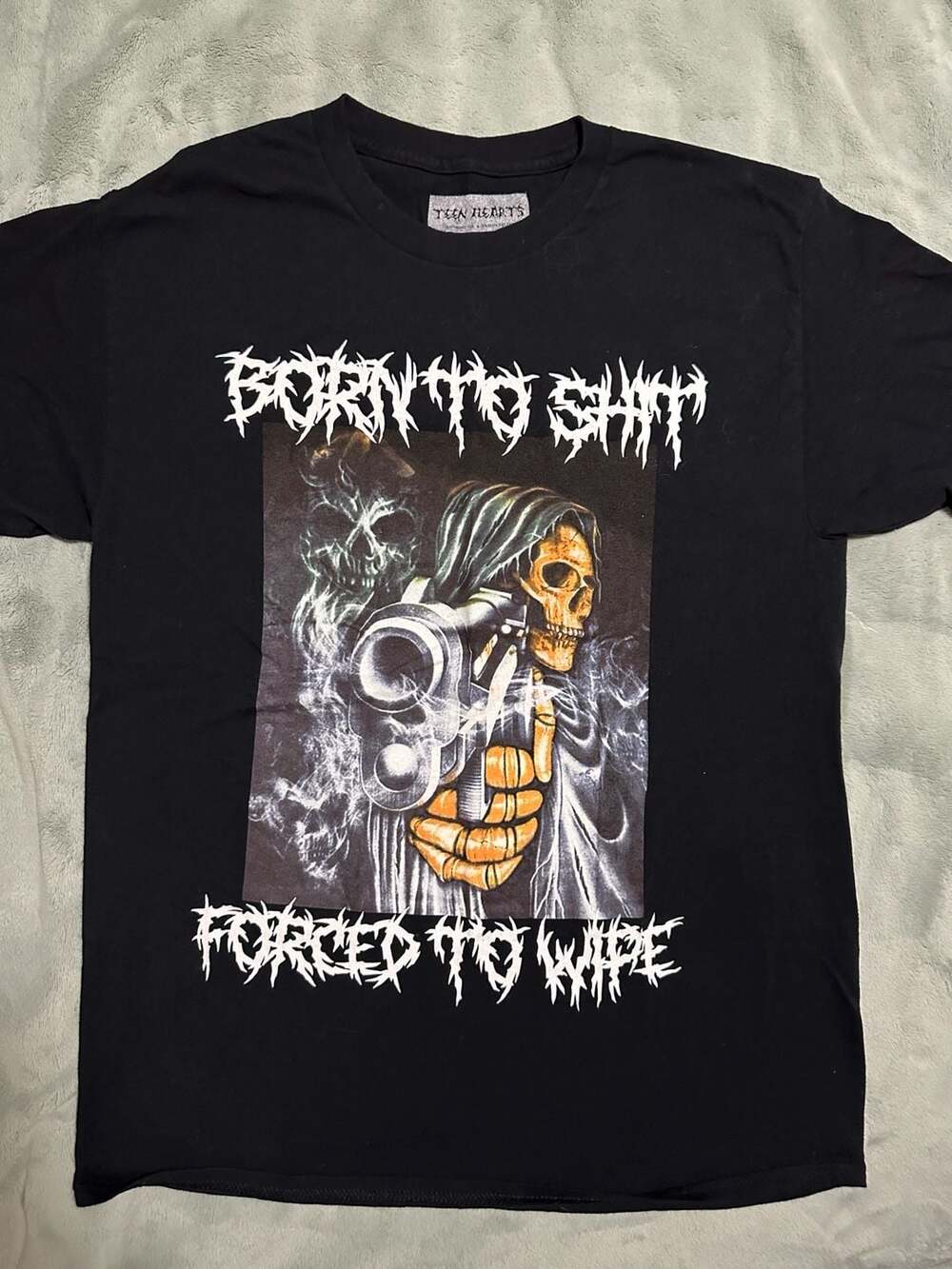 Teen Hearts Born To Shit Forced To Wipe Skeleton Grim Reaper Tee, Large